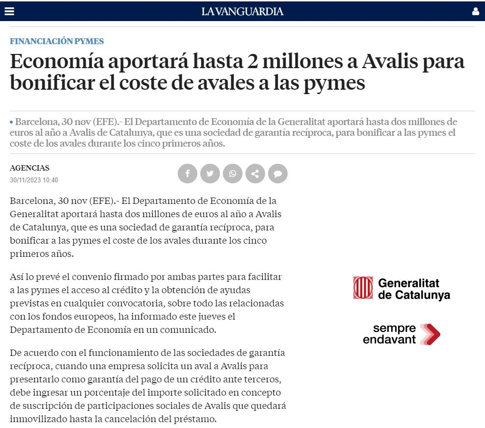 imagen de  Economia aportarà fins a 2 milions a Avalis per a bonificar el cost d'avals a les pimes - lavanguardia.com